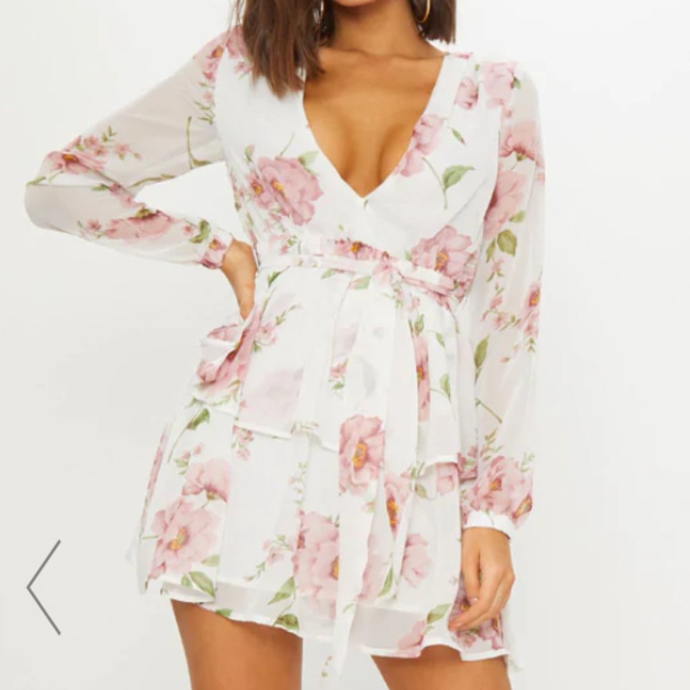WHITE FLORAL CHIFFON DOUBLE TIER PLUNGE DRESS